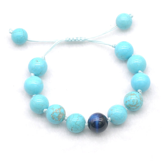 CGB375 Blue Howlite & Blue Tiger Eye Adjustable Bracelet Round 12mm