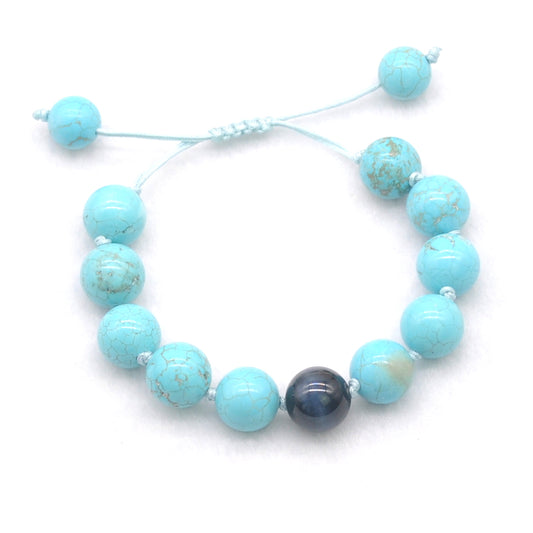 CGB376 Blue Howlite & Blue Tiger Eye Adjustable Bracelet Round 12mm