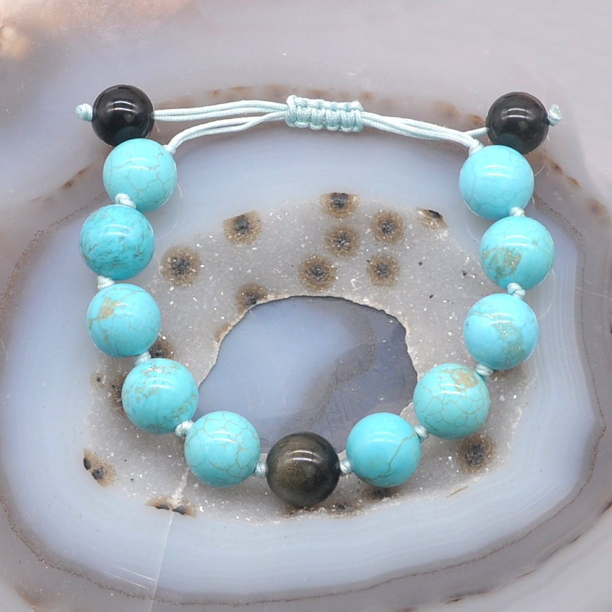 CGB377 Blue Howlite & Golden Obsidian Adjustable Bracelet Round 12mm