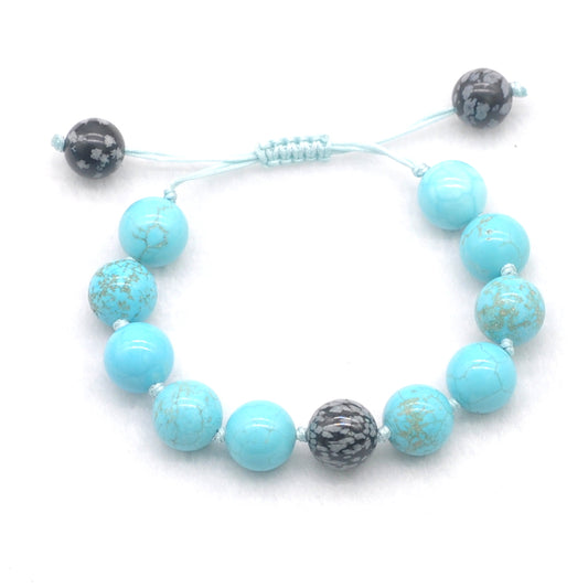 CGB379 Blue Howlite & Snowflake Obsidian Adjustable Bracelet Round 12mm