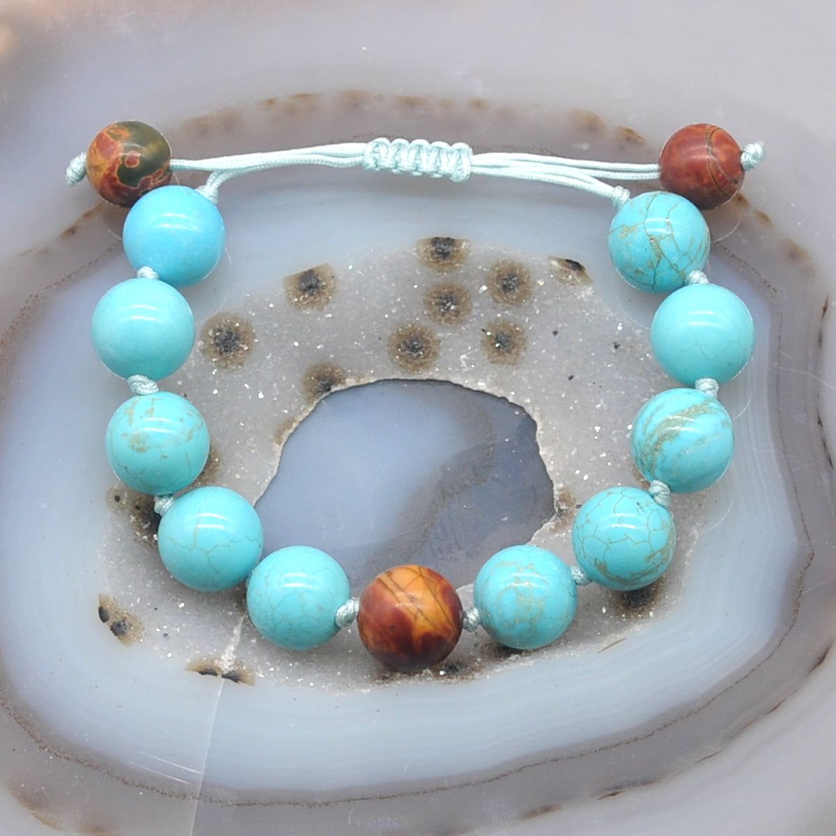 CGB381 Blue Howlite & Picasso Jasper Adjustable Bracelet Round 12mm