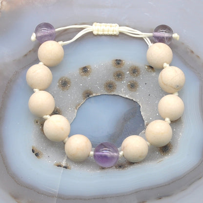 CGB400 White Fossil Jasper & Amethyst Adjustable Bracelet Round 12mm