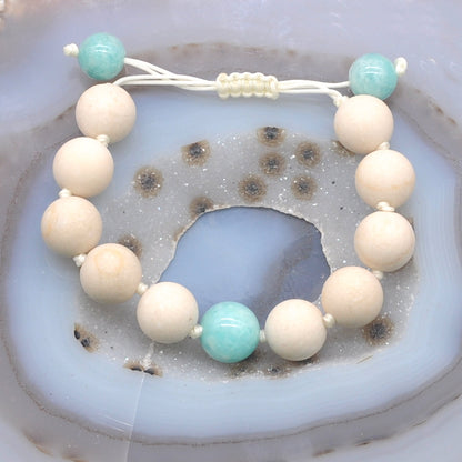 CGB402 White Fossil Jasper & Amazonite Adjustable Bracelet Round 12mm