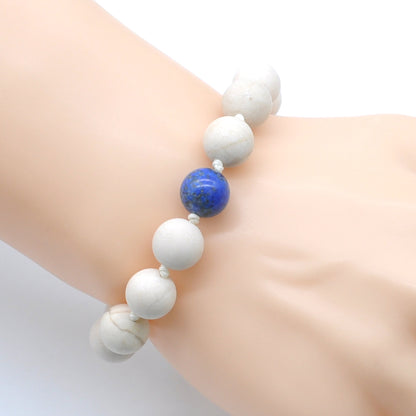 CGB405 White Fossil Jasper & Lapis lazuli Adjustable Bracelet Round 12mm