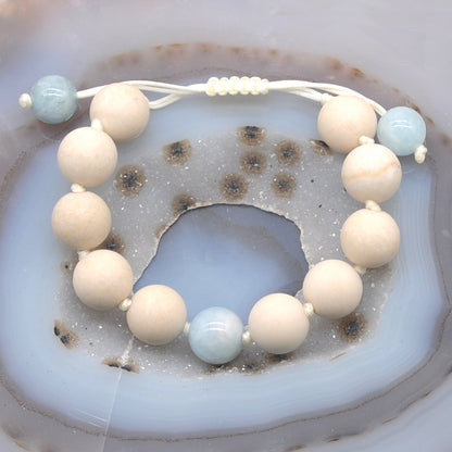 CGB408 White Fossil Jasper & Aquamarine Adjustable Bracelet Round 12mm