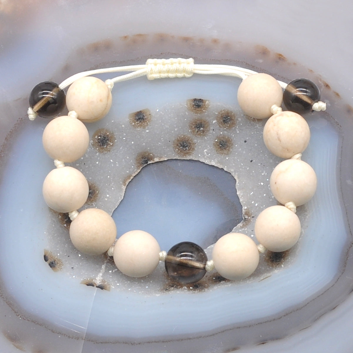 CGB409 White Fossil Jasper & Smoky Quartz Adjustable Bracelet Round 12mm