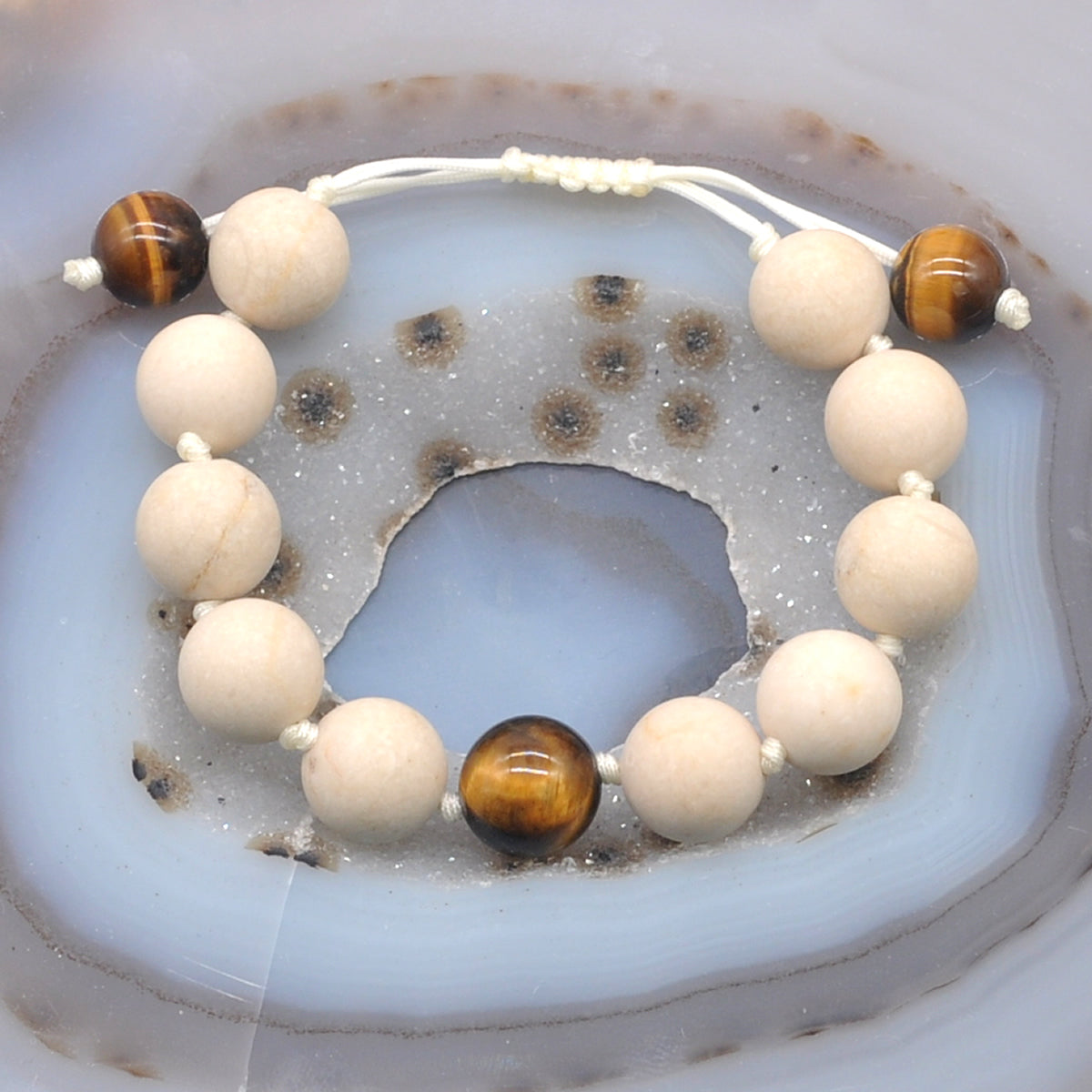 CGB410 White Fossil Jasper & Yellow Tiger Eye Adjustable Bracelet Round 12mm