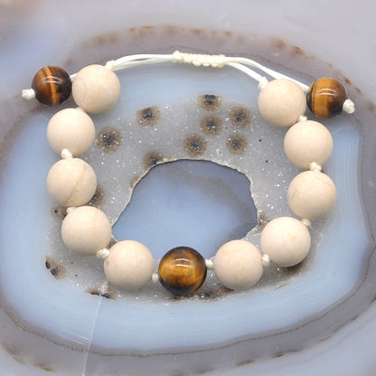 CGB410 White Fossil Jasper & Yellow Tiger Eye Adjustable Bracelet Round 12mm