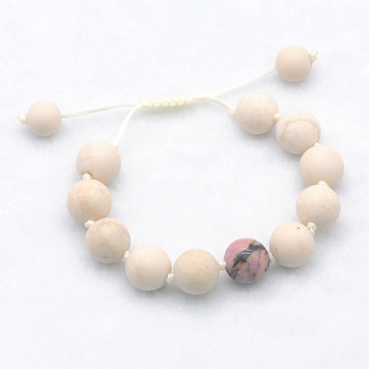 CGB412 White Fossil Jasper & Rhodonite Adjustable Bracelet Round 12mm