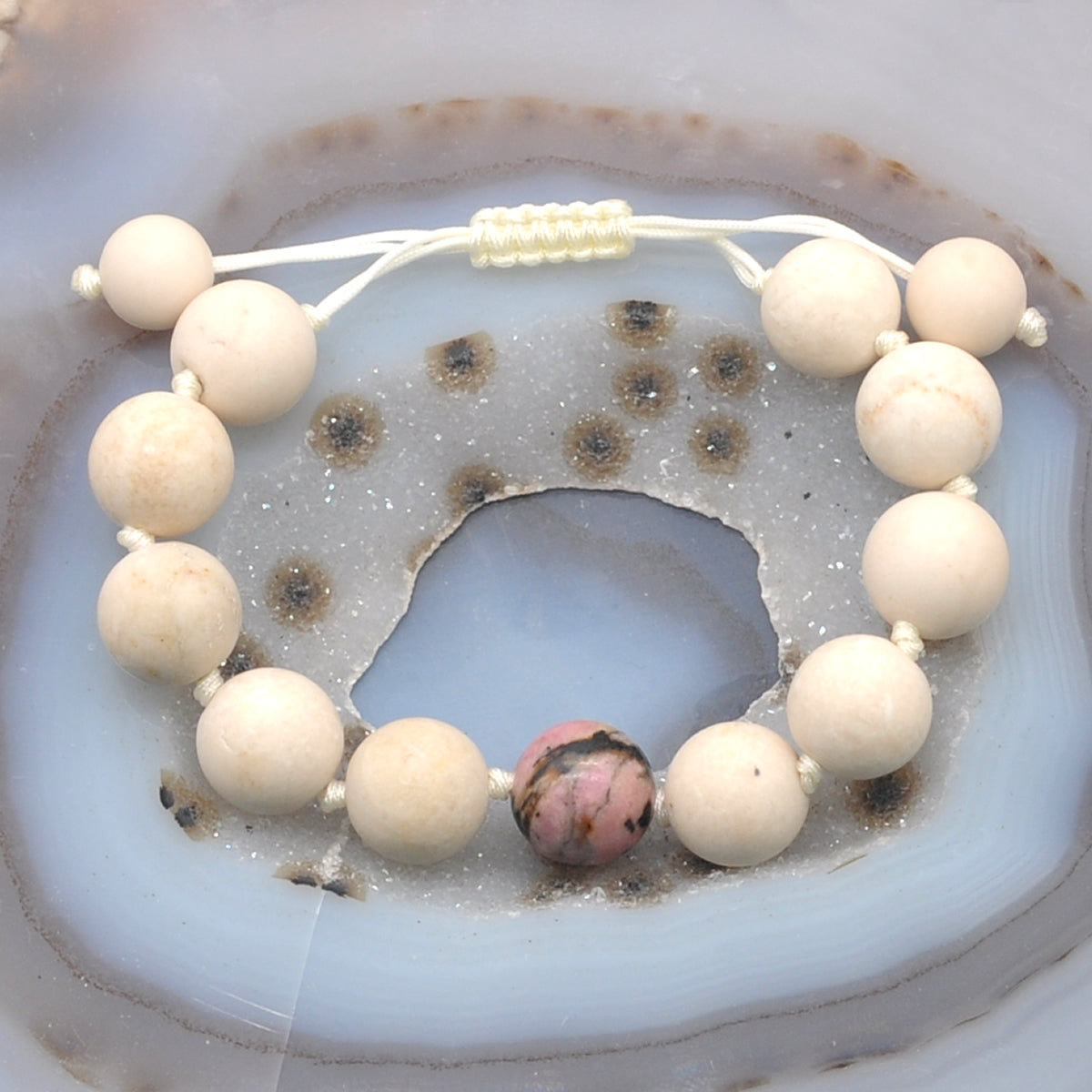 CGB412 White Fossil Jasper & Rhodonite Adjustable Bracelet Round 12mm