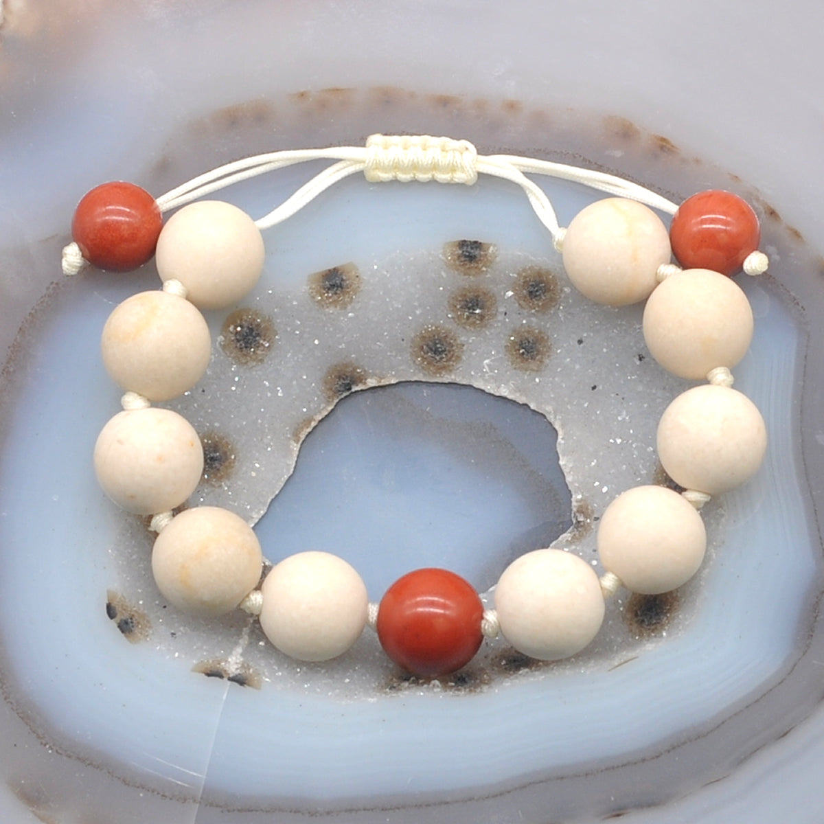 CGB413 White Fossil Jasper & Red Jasper Adjustable Bracelet Round 12mm