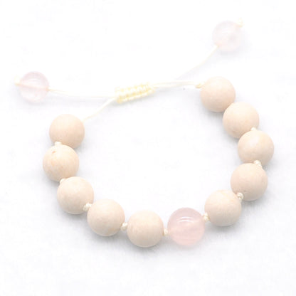 CGB415 White Fossil Jasper & Rose Quartz Adjustable Bracelet Round 12mm