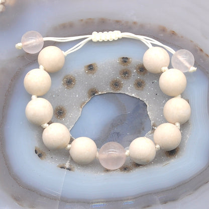 CGB415 White Fossil Jasper & Rose Quartz Adjustable Bracelet Round 12mm