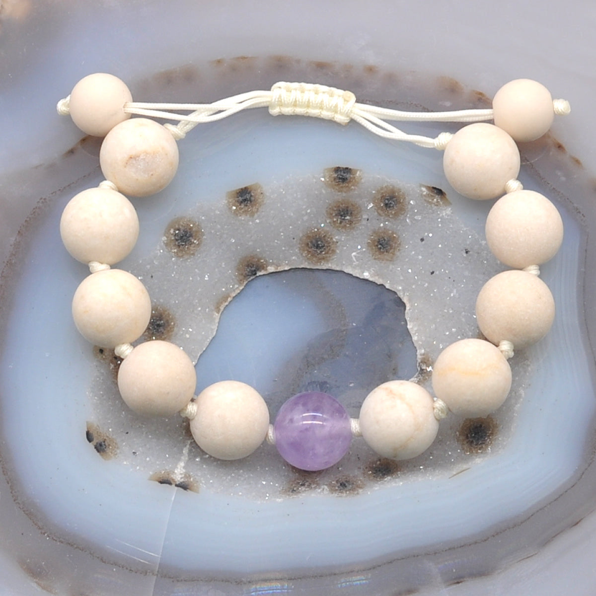 CGB416 White Fossil Jasper & Lavender Amethyst Adjustable Bracelet Round 12mm