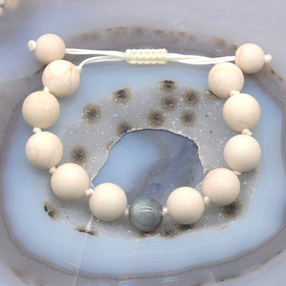 CGB419 White Fossil Jasper & Labradorite Adjustable Bracelet Round 12mm