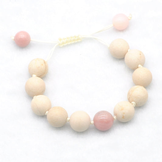 CGB421 White Fossil Jasper & Pink Opal Adjustable Bracelet Round 12mm