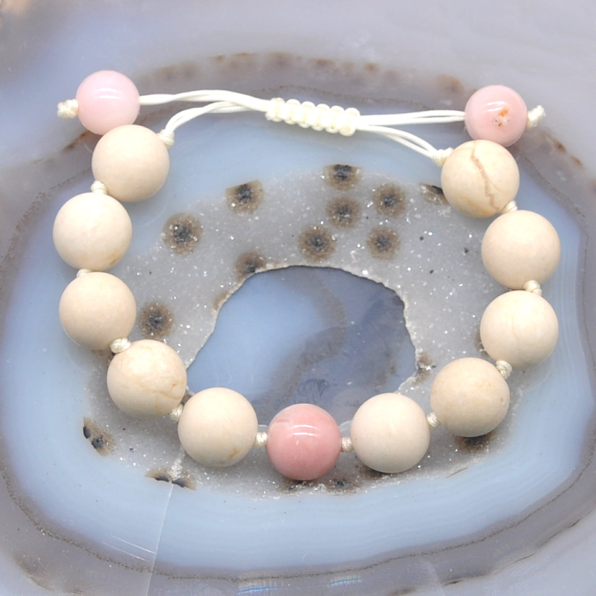 CGB421 White Fossil Jasper & Pink Opal Adjustable Bracelet Round 12mm