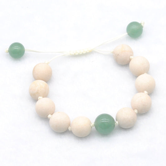 CGB423 White Fossil Jasper & Green Aventurine Jade Adjustable Bracelet Round 12mm