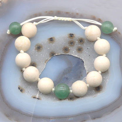 CGB423 White Fossil Jasper & Green Aventurine Jade Adjustable Bracelet Round 12mm