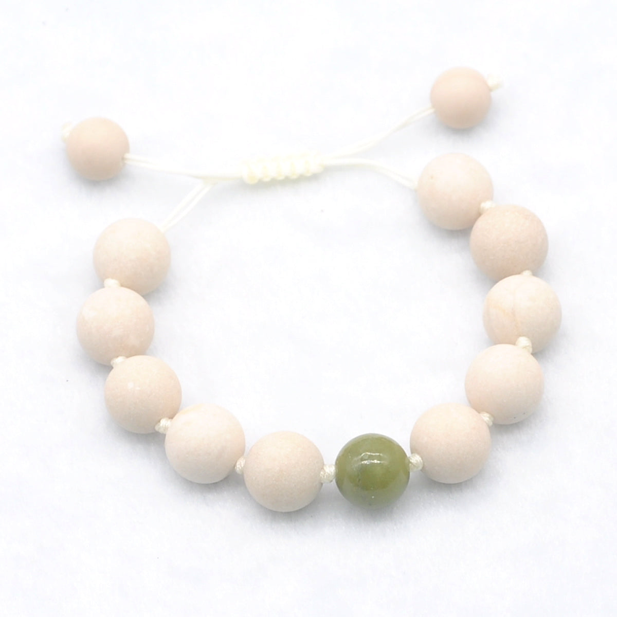 CGB424 White Fossil Jasper & China Jade Adjustable Bracelet Round 12mm