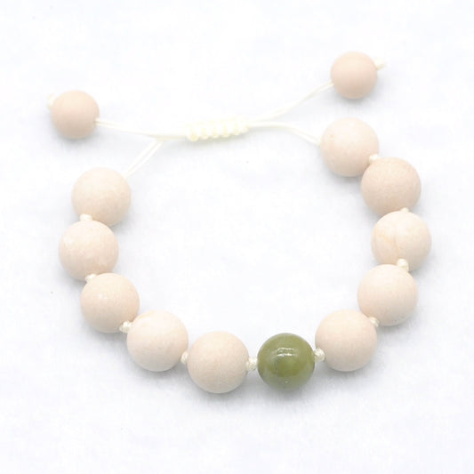 CGB424 White Fossil Jasper & China Jade Adjustable Bracelet Round 12mm