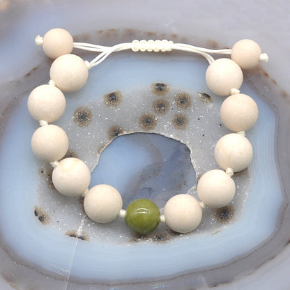 CGB424 White Fossil Jasper & China Jade Adjustable Bracelet Round 12mm