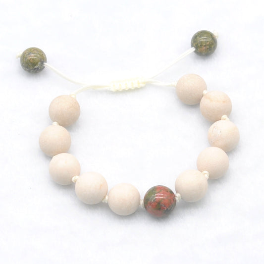 CGB425 White Fossil Jasper & Unakite Adjustable Bracelet Round 12mm