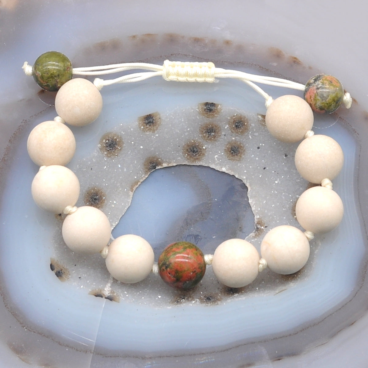 CGB425 White Fossil Jasper & Unakite Adjustable Bracelet Round 12mm