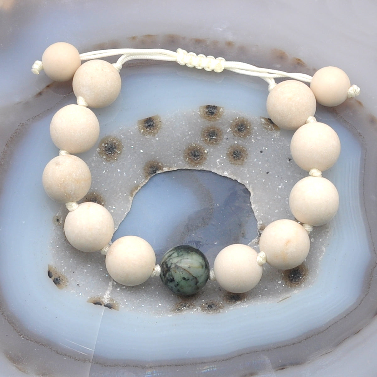 CGB426 White Fossil Jasper & African Turquoise Adjustable Bracelet Round 12mm