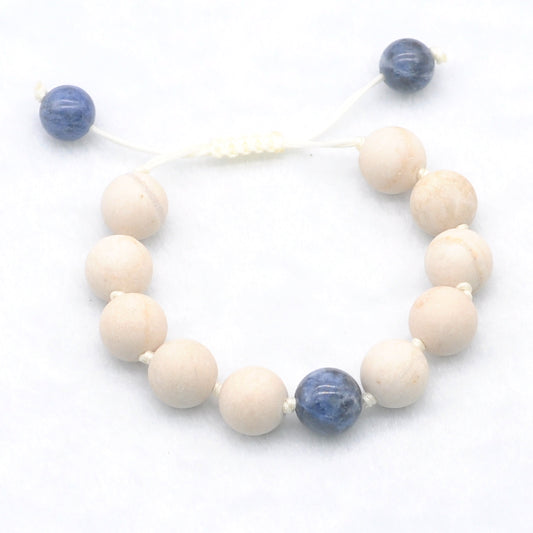 CGB427 White Fossil Jasper & Sodalite Adjustable Bracelet Round 12mm