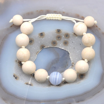 CGB428 White Fossil Jasper & Blue Lace Agate Adjustable Bracelet Round 12mm