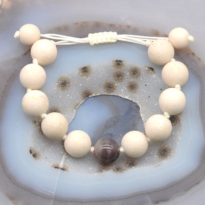 CGB429 White Fossil Jasper & Botswana Agate Adjustable Bracelet Round 12mm