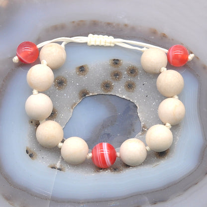 CGB432 White Fossil Jasper & Red Banded Agate Adjustable Bracelet Round 12mm