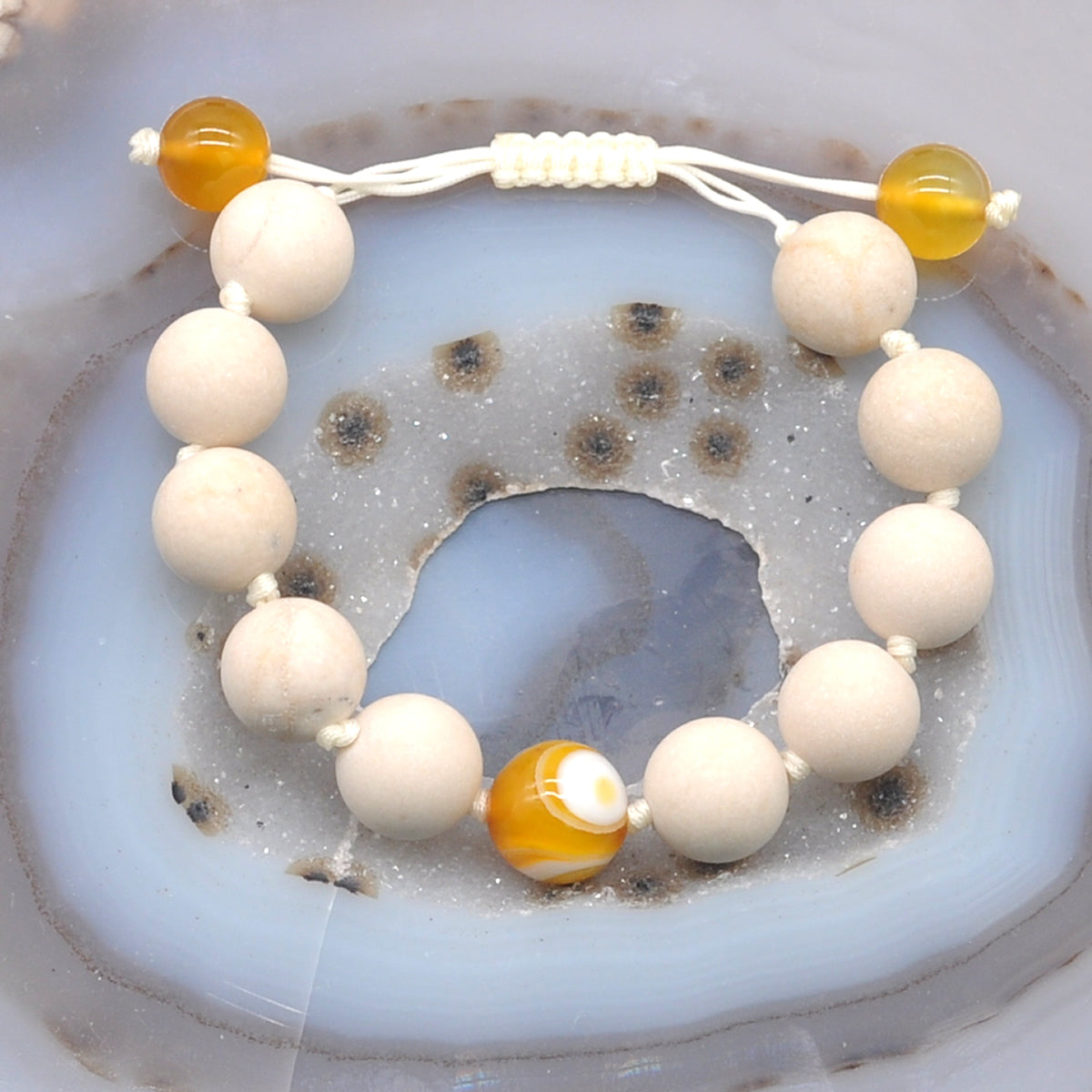 CGB433 White Fossil Jasper & Yellow Banded Agate Adjustable Bracelet Round 12mm