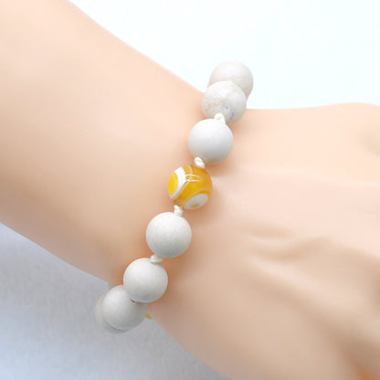 CGB433 White Fossil Jasper & Yellow Banded Agate Adjustable Bracelet Round 12mm