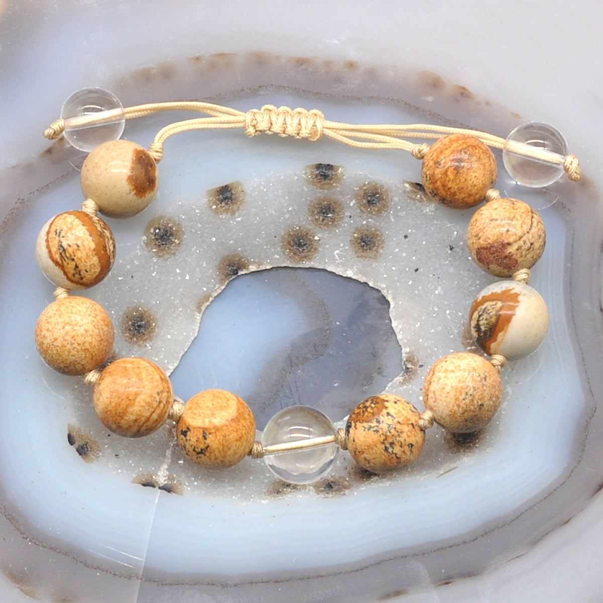 CGB450 Picture Jasper & Clear Quartz Adjustable Bracelet Round 12mm