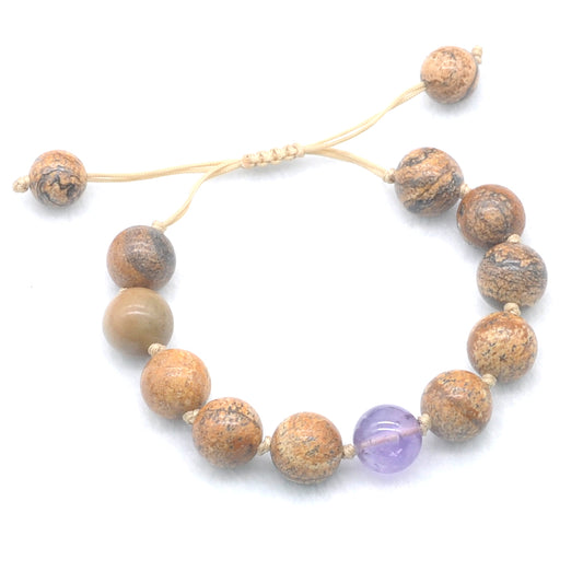 CGB452 Picture Jasper & Amethyst Adjustable Bracelet Round 12mm