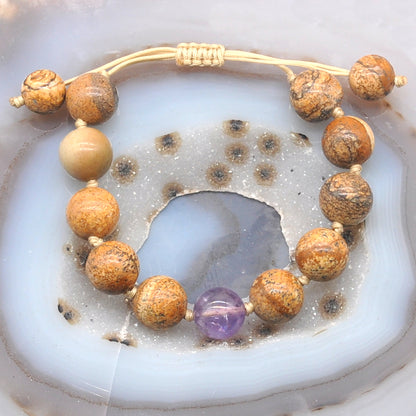 CGB452 Picture Jasper & Amethyst Adjustable Bracelet Round 12mm