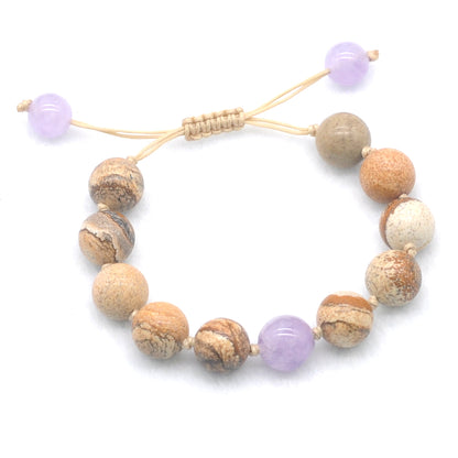 CGB453 Picture Jasper & Lavender Amethyst Adjustable Bracelet Round 12mm