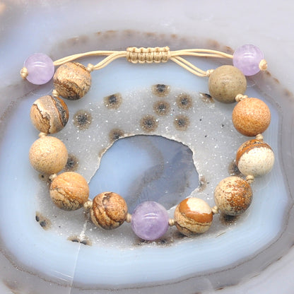 CGB453 Picture Jasper & Lavender Amethyst Adjustable Bracelet Round 12mm