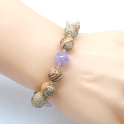 CGB453 Picture Jasper & Lavender Amethyst Adjustable Bracelet Round 12mm