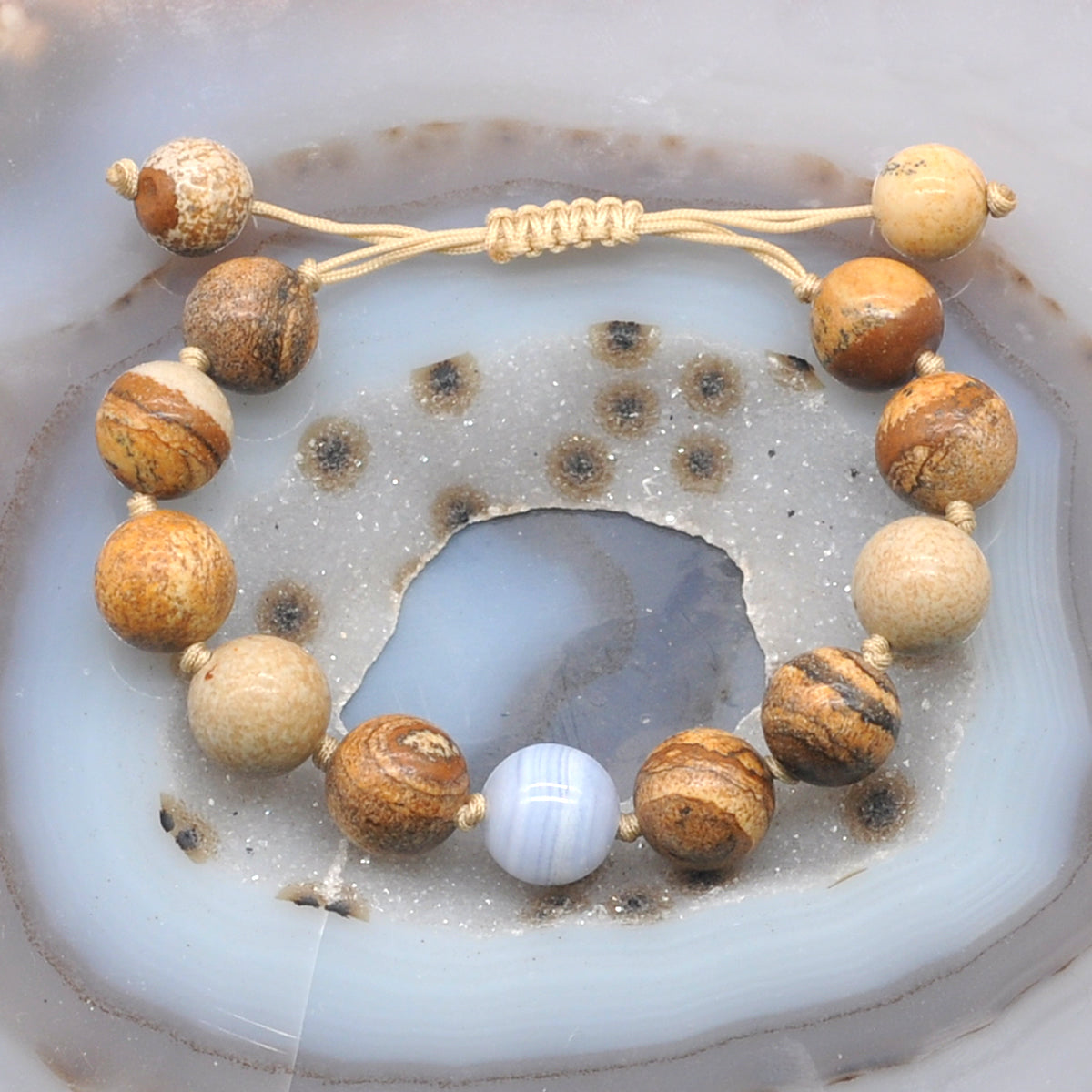 CGB454 Picture Jasper & Blue Lace Agate Adjustable Bracelet Round 12mm