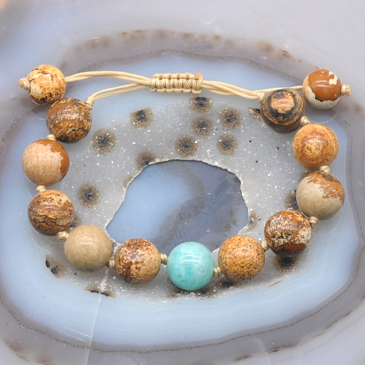 CGB455 Picture Jasper & Amazonite Adjustable Bracelet Round 12mm