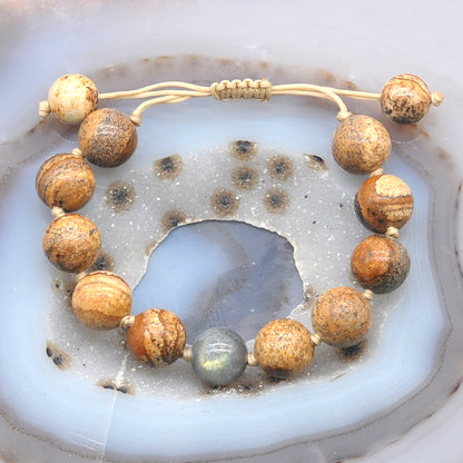 CGB457 Picture Jasper & Labradorite Adjustable Bracelet Round 12mm