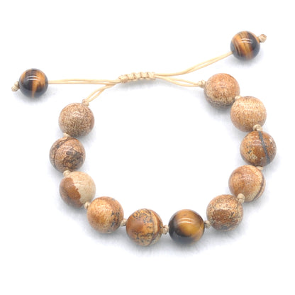 CGB459 Picture Jasper & Yellow Tiger Eye Adjustable Bracelet Round 12mm