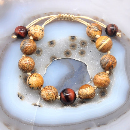 CGB460 Picture Jasper & Red Tiger Eye Adjustable Bracelet Round 12mm