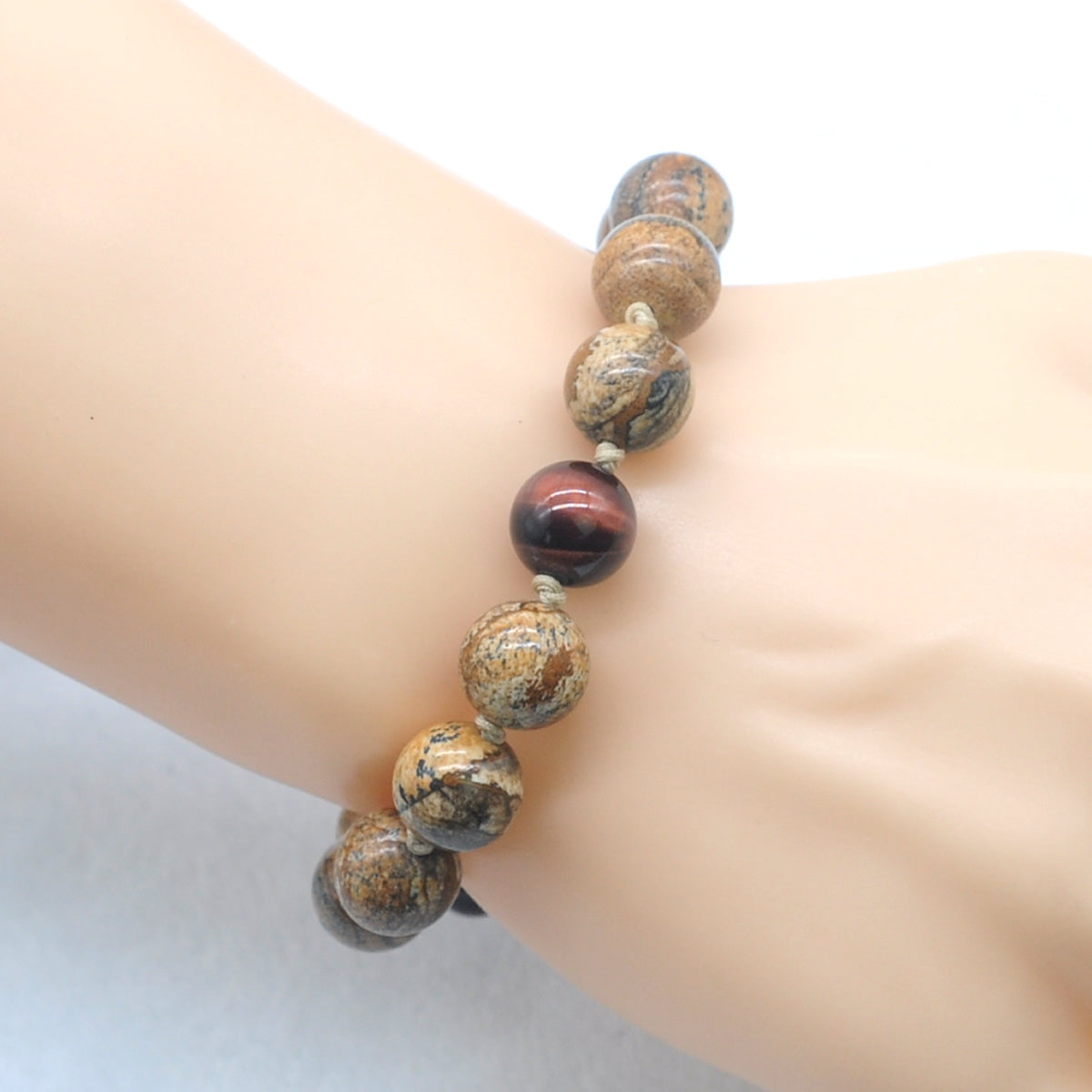 CGB460 Picture Jasper & Red Tiger Eye Adjustable Bracelet Round 12mm