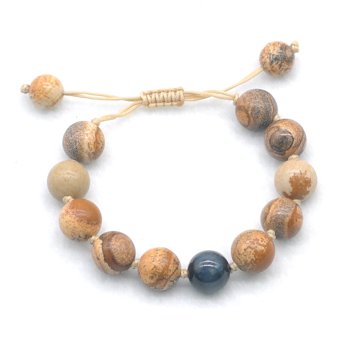 CGB461 Picture Jasper & Blue Tiger Eye Adjustable Bracelet Round 12mm