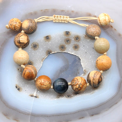 CGB461 Picture Jasper & Blue Tiger Eye Adjustable Bracelet Round 12mm