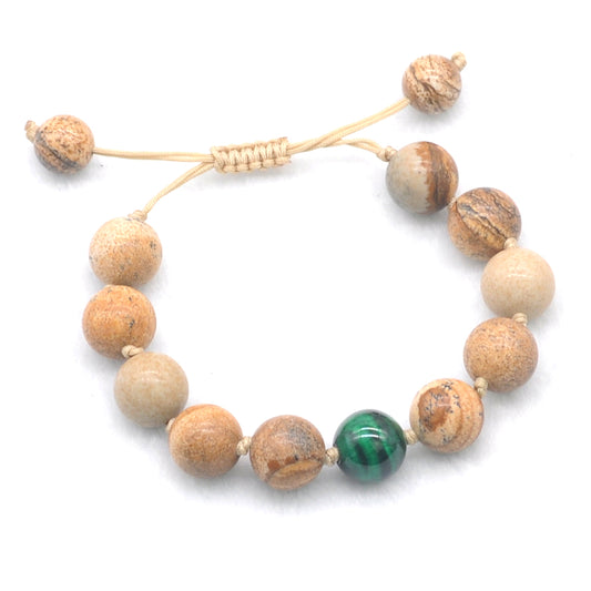 CGB463 Picture Jasper & Green Tiger Eye Adjustable Bracelet Round 12mm